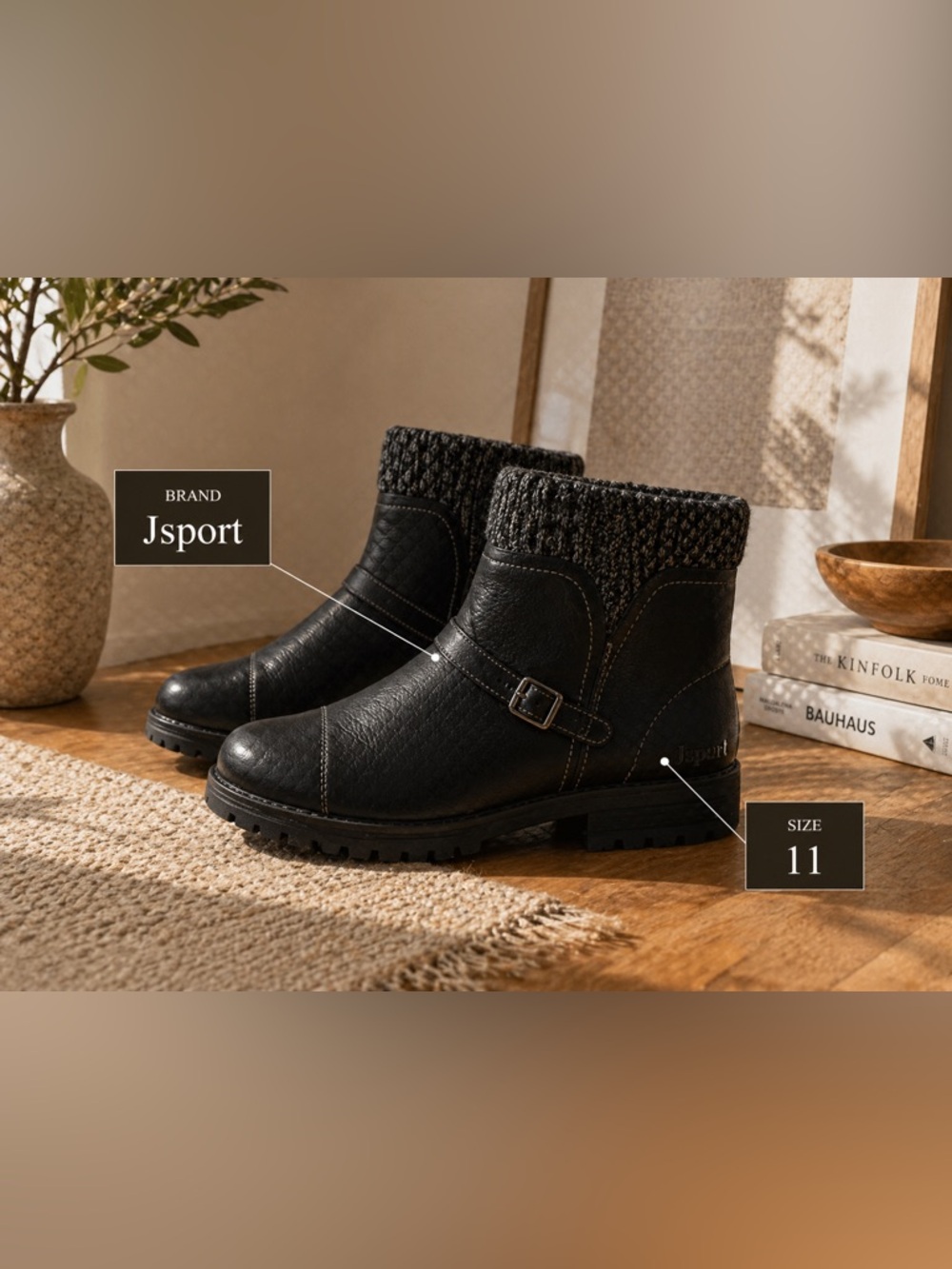 Jsport Black Knit-Cuff Ankle Booties